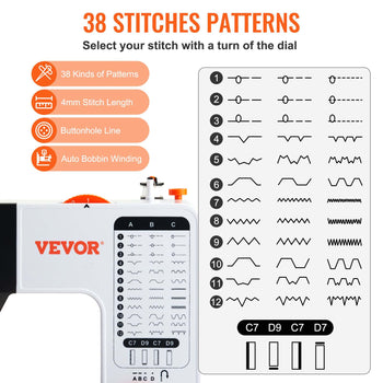 VEVOR sewing machine with 38 stitch patterns, white body, easy dial selection, and auto bobbin winding feature.