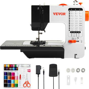 VEVOR sewing machine in white and black, includes colorful threads, scissors, and accessories for versatile sewing projects.
