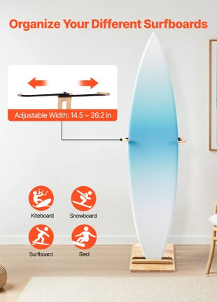 Vertical Surfboard Stand, Wooden Surfboard Rack for Storage and Display, Adjustable & Freestanding Board Stand Organizer with Padding, for Wakeboards, Snowboards, Kiteboards, Shortboard, Skis