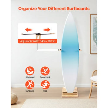 Vertical Surfboard Stand, Wooden Surfboard Rack for Storage and Display, Adjustable & Freestanding Board Stand Organizer with Padding, for Wakeboards, Snowboards, Kiteboards, Shortboard, Skis