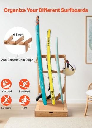 Vertical Surfboard Stand, 3 Tiers Wooden Surfboard Rack for Storage and Display, Freestanding Board Stand Organizer with Hanging Hooks & Cork Padding, for Wakeboards, Snowboards, Kiteboards