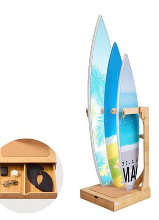 Vertical Surfboard Stand, 3 Tiers Wooden Surfboard Rack for Storage and Display, Freestanding Board Stand Organizer with Hanging Hooks & Cork Padding, for Wakeboards, Snowboards, Kiteboards