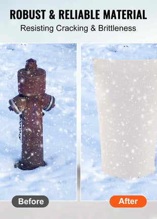 Before-and-after image showing a rusted fire hydrant and a new, white protective cover, highlighting durability in cold weather.