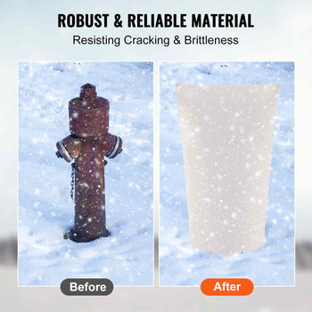 Before-and-after image showing a rusted fire hydrant and a new, white protective cover, highlighting durability in cold weather.