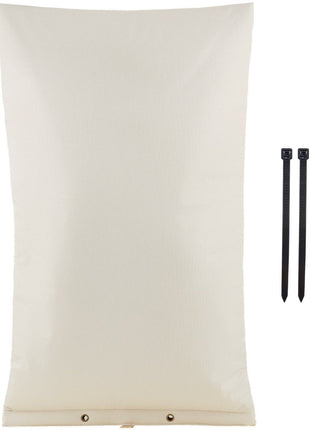 Cream canvas outdoor cushion with black tie-down straps for secure fit, perfect for patio furniture.