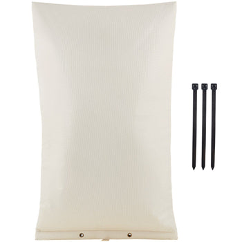 Cream canvas outdoor cushion with black tie-down straps for secure fit, perfect for patio furniture.