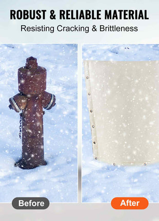 Before and after comparison of a white protective cover for a red fire hydrant, showing improved durability in snow.