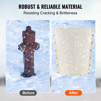 Before and after comparison of a white protective cover for a red fire hydrant, showing improved durability in snow.