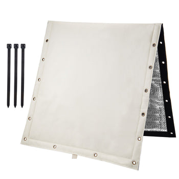 Beige waterproof tarp with grommets and black insulated backing, includes three zip ties for secure fastening.