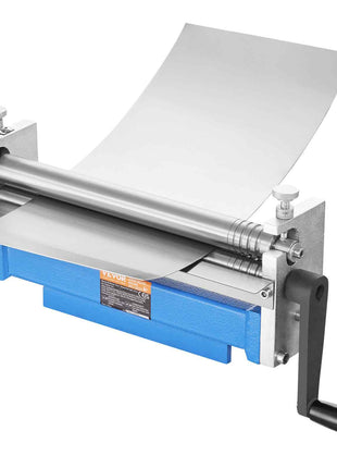 Silver steel lamination machine with blue base, manual operation, and adjustable roller for smooth sheet processing.