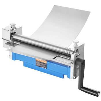 Silver steel lamination machine with blue base, manual operation, and adjustable roller for smooth sheet processing.