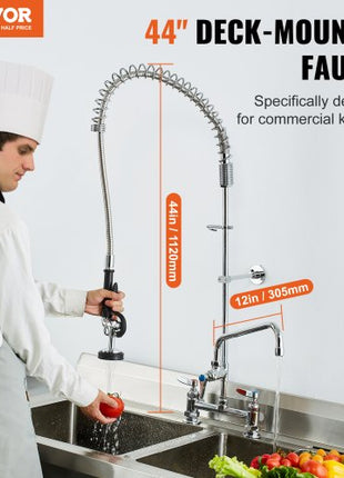 Industrial Sink Faucet, 44" Tall, 8" Install Space, 12" Rotating Spout, Surface Mount, Brass-Made with Extendable Sprayer, Suitable for Single/Triple Basin
