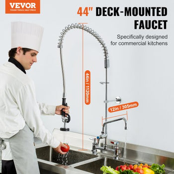 Industrial Sink Faucet, 44" Tall, 8" Install Space, 12" Rotating Spout, Surface Mount, Brass-Made with Extendable Sprayer, Suitable for Single/Triple Basin
