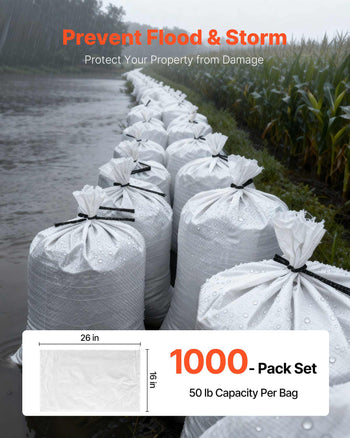 Empty Sandbags, 1000 Packs 16 x 26 in, Heavy Duty Sand Bags Sacks with Ties, 50lb Capacity Woven Polypropylene Sandbags, Tear-Resistant & UV-Resistant Sand Bags for Flood Protection Barrier