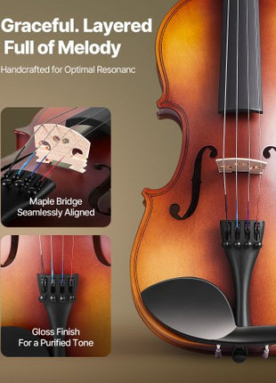 Violin 3/4 Size for Adults, Violin Fiddle Set for Beginners with Hard Case, Rosin, Bow, Shoulder Rest, Bridge, Tuner and Extra Strings, Professional Musical Instruments for Student (Brown)