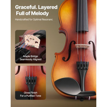 Violin 3/4 Size for Adults, Violin Fiddle Set for Beginners with Hard Case, Rosin, Bow, Shoulder Rest, Bridge, Tuner and Extra Strings, Professional Musical Instruments for Student (Brown)
