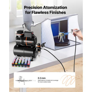 Airbrush Kit, 1/6 HP, Air Brush Kit with Air Compressor and Tank, 1 Dual-Action Professional Airbrush with 1 Tip, Hose, Acrylic Paint, 2 Fans, for Cake Decorating, Model Painting, Nail Art