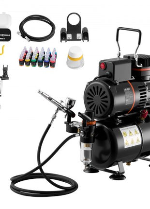 Airbrush Kit, 1/6 HP, Air Brush Kit with Air Compressor and Tank, 1 Dual-Action Professional Airbrush with 1 Tip, Hose, Acrylic Paint, 2 Fans, for Cake Decorating, Model Painting, Nail Art
