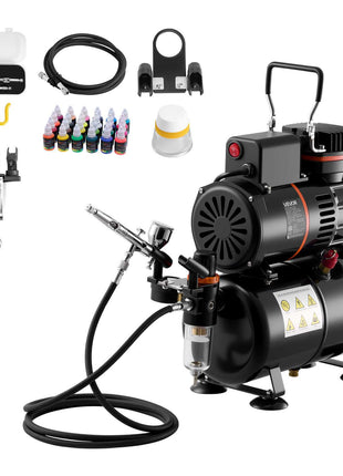 Airbrush Kit, 1/6 HP, Air Brush Kit with Air Compressor and Tank, 1 Dual-Action Professional Airbrush with 1 Tip, Hose, Acrylic Paint, 2 Fans, for Cake Decorating, Model Painting, Nail Art