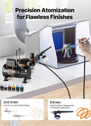 Airbrush Kit, 1/6 HP, Air Brush Kit with Air Compressor, 3 Dual-Action Professional Airbrushes with 3 Tips, Hose, Acrylic Paint, 2 Fans, Low Noise, for Cake Decorating, Model Painting, Nail Art