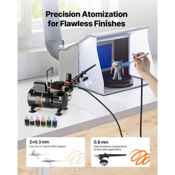Airbrush Kit, 1/6 HP, Air Brush Kit with Air Compressor, 3 Dual-Action Professional Airbrushes with 3 Tips, Hose, Acrylic Paint, 2 Fans, Low Noise, for Cake Decorating, Model Painting, Nail Art