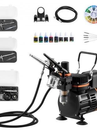 Airbrush Kit, 1/6 HP, Air Brush Kit with Air Compressor, 3 Dual-Action Professional Airbrushes with 3 Tips, Hose, Acrylic Paint, 2 Fans, Low Noise, for Cake Decorating, Model Painting, Nail Art