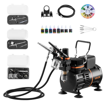 Airbrush Kit, 1/6 HP, Air Brush Kit with Air Compressor, 3 Dual-Action Professional Airbrushes with 3 Tips, Hose, Acrylic Paint, 2 Fans, Low Noise, for Cake Decorating, Model Painting, Nail Art