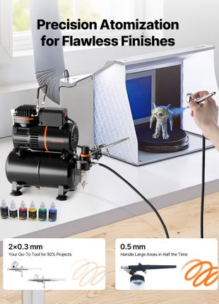 Airbrush Kit, 1/6 HP, Air Brush Kit with Air Compressor and Tank, 3 Dual-Action Professional Airbrushes with 3 Tips, Hose, Acrylic Paint, 2 Fans, for Cake Decorating, Model Painting, Nail Art
