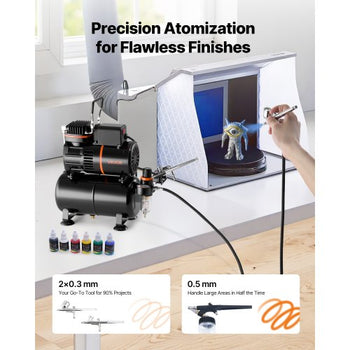 Airbrush Kit, 1/6 HP, Air Brush Kit with Air Compressor and Tank, 3 Dual-Action Professional Airbrushes with 3 Tips, Hose, Acrylic Paint, 2 Fans, for Cake Decorating, Model Painting, Nail Art