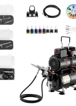 Airbrush Kit, 1/6 HP, Air Brush Kit with Air Compressor and Tank, 3 Dual-Action Professional Airbrushes with 3 Tips, Hose, Acrylic Paint, 2 Fans, for Cake Decorating, Model Painting, Nail Art