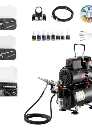 Airbrush Kit, 1/6 HP, Air Brush Kit with Air Compressor and Tank, 3 Dual-Action Professional Airbrushes with 3 Tips, Hose, Acrylic Paint, 2 Fans, for Cake Decorating, Model Painting, Nail Art