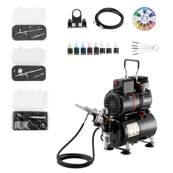 Airbrush Kit, 1/6 HP, Air Brush Kit with Air Compressor and Tank, 3 Dual-Action Professional Airbrushes with 3 Tips, Hose, Acrylic Paint, 2 Fans, for Cake Decorating, Model Painting, Nail Art