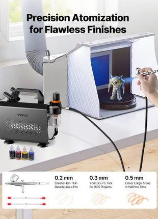 Airbrush Kit, 1/6 HP, Air Brush Kit with Air Compressor, 1 Dual-Action Professional Airbrush with 3 Tips, Hose, Acrylic Paint, Brush, Low Noise, for Cake Decorating, Model Painting, Nail Art