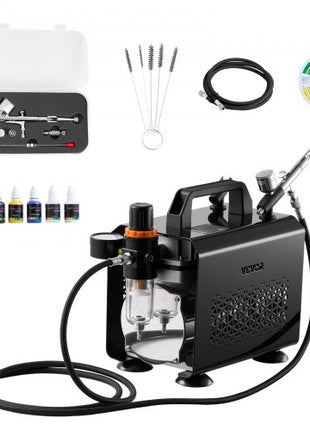 Airbrush Kit, 1/6 HP, Air Brush Kit with Air Compressor, 1 Dual-Action Professional Airbrush with 3 Tips, Hose, Acrylic Paint, Brush, Low Noise, for Cake Decorating, Model Painting, Nail Art