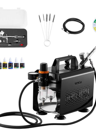 Airbrush Kit, 1/6 HP, Air Brush Kit with Air Compressor, 1 Dual-Action Professional Airbrush with 3 Tips, Hose, Acrylic Paint, Brush, Low Noise, for Cake Decorating, Model Painting, Nail Art