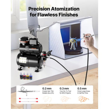 Airbrush Kit, 1/6 HP, Air Brush Kit with Air Compressor and Tank, 1 Dual-Action Professional Airbrush with 3 Tips, Acrylic Paint, Low Noise, for Cake Decorating, Model Painting, Nail Art