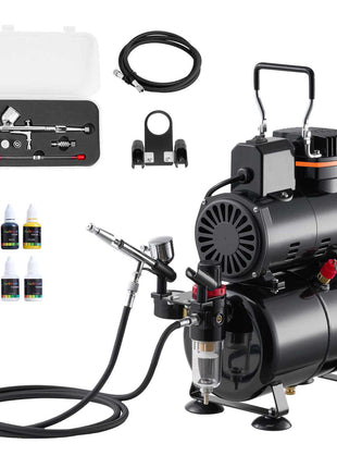 Airbrush Kit, 1/6 HP, Air Brush Kit with Air Compressor and Tank, 1 Dual-Action Professional Airbrush with 3 Tips, Acrylic Paint, Low Noise, for Cake Decorating, Model Painting, Nail Art