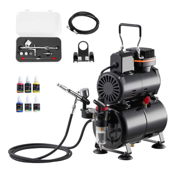 Airbrush Kit, 1/6 HP, Air Brush Kit with Air Compressor and Tank, 1 Dual-Action Professional Airbrush with 3 Tips, Acrylic Paint, Low Noise, for Cake Decorating, Model Painting, Nail Art