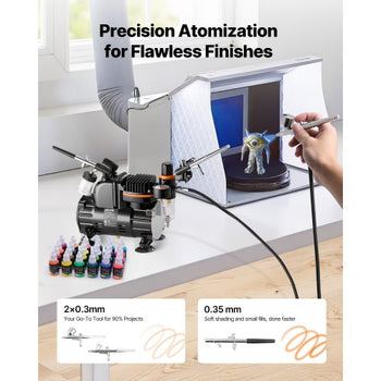 Airbrush Kit, 1/6 HP, Air Brush Kit with Air Compressor, 3 Dual-Action Professional Airbrushes with 3 Tips, Hose, Acrylic Paint, Brush, Low Noise, for Cake Decorating, Model Painting, Nail Art
