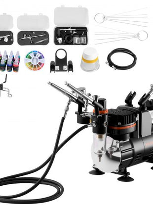 Airbrush Kit, 1/6 HP, Air Brush Kit with Air Compressor, 3 Dual-Action Professional Airbrushes with 3 Tips, Hose, Acrylic Paint, Brush, Low Noise, for Cake Decorating, Model Painting, Nail Art