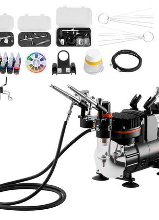 Airbrush Kit, 1/6 HP, Air Brush Kit with Air Compressor, 3 Dual-Action Professional Airbrushes with 3 Tips, Hose, Acrylic Paint, Brush, Low Noise, for Cake Decorating, Model Painting, Nail Art