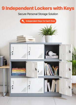 9 Doors Metal Locker, Lockable Steel Storage Cabinet, 66 lbs Loading Capacity, 2 Keys for Each Door, 3 Tiers Employee Lockers for Office, School, Gym, Easy Assembly, 35.4 x 17.7 x 37 in, Gray