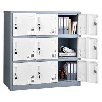 9 Doors Metal Locker, Lockable Steel Storage Cabinet, 66 lbs Loading Capacity, 2 Keys for Each Door, 3 Tiers Employee Lockers for Office, School, Gym, Easy Assembly, 35.4 x 17.7 x 37 in, Gray