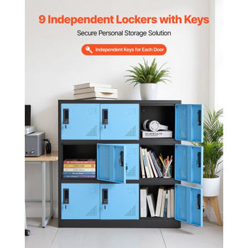9 Doors Metal Locker, Lockable Steel Storage Cabinet, 66 lbs Loading Capacity, 2 Keys for Each Door, 3 Tiers Employee Lockers for Office, School, Gym, Easy Assembly, 35.4 x 17.7 x 37 in, Black