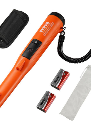 Bright orange VEVOR metal detector pinpointer with black accents, includes batteries, carrying case, and lanyard.