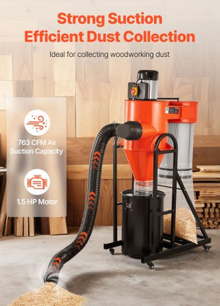 Dust Collector, 763 CFM 1 Micron Cyclone Dust Collector, 1.5HP Dusts Collection System with 12.5-Gallon Dust Collector Bag & Base Stand, Smart Cyclone Separation, Dusts Separator for Woodworking