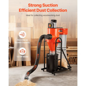 Dust Collector, 763 CFM 1 Micron Cyclone Dust Collector, 1.5HP Dusts Collection System with 12.5-Gallon Dust Collector Bag & Base Stand, Smart Cyclone Separation, Dusts Separator for Woodworking