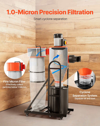 Dust Collector, 763 CFM 1 Micron Cyclone Dust Collector, 1.5HP Dusts Collection System with 12.5-Gallon Dust Collector Bag & Base Stand, Smart Cyclone Separation, Dusts Separator for Woodworking