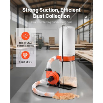 Dust Collector, 1100 CFM 2.5 Micron Vortex Cone Dust Collectors, 1.5HP Sawdust Collection System with 35-Gallon Dusts Collector Bag & 42-Gallon Filter Bag, 3400 RPM High Speed, for Woodworking