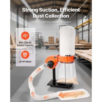 Dust Collector, 800 CFM 2.5 Micron Vortex Cone Dust Collectors, 1HP Sawdust Collection System with 16-Gallon Large Capacity Dusts Collector Bag, Filter Bag, and Casters, 3400 RPM High Speed